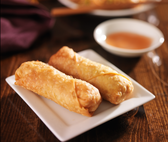 Plated egg rolls with dipping sauce